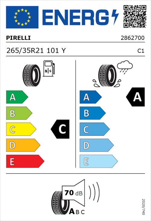 Tyre Label for Pirelli P Zero (PZ4) Sport Car 265/35R21 101Y