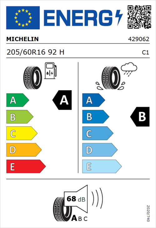Tyre Label for Michelin e.primacy 205/60R16 92H
