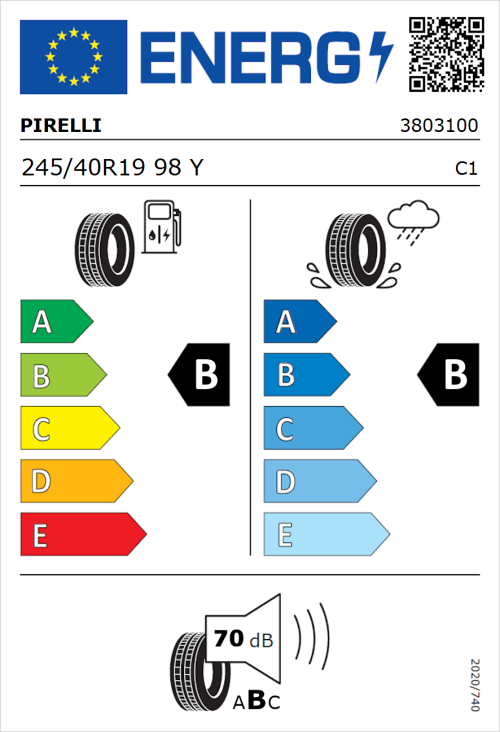 Tyre Label for Pirelli P Zero (PZ4) Sport Car 245/40R19 98Y