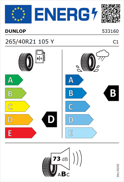 Tyre Label for Dunlop SP SPORTMAXX GT 265/40R21 105Y