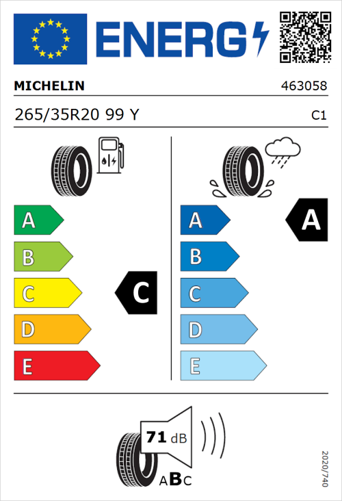 Tyre Label for Michelin Pilot Sport 4 S 265/35R20 99Y