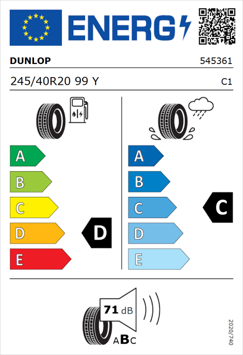Tyre Label for Dunlop SP SPORTMAXX GT 245/40R20 99Y